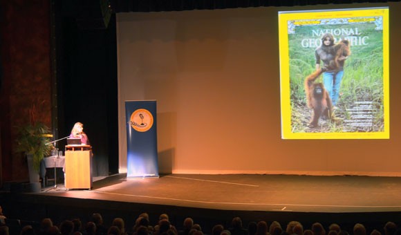 Primatologist Birutė Galdikas with a 1971 National Geographic cover where she was featured in a story about her work with orangutans in Borneo. Galdikas gave a community talk at the Kelowna Community Theatre Monday night as part of UBC’s Distinguished Speaker Series.